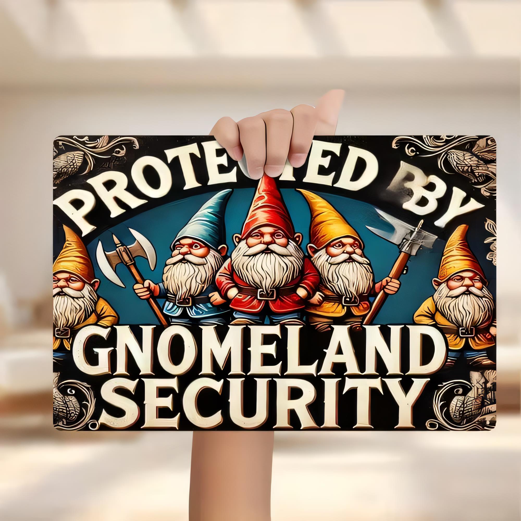 Home Security Land - Tin Sign, Protected By Gnome Land