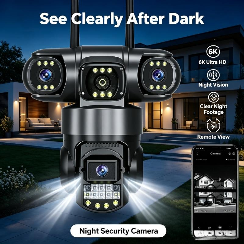 Home Yard Security Cameras - 3-Lens 4G Wifi Surveillance Camera Supports